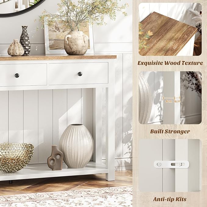 Homieasy Farmhouse Console Table with 2 Drawers, 32 Inch Small Sofa Table with Storage Shelf for Living Room, Behind Couch, Entryway Table for Hallway, Living Room, or Foyer, Brown and Antique White