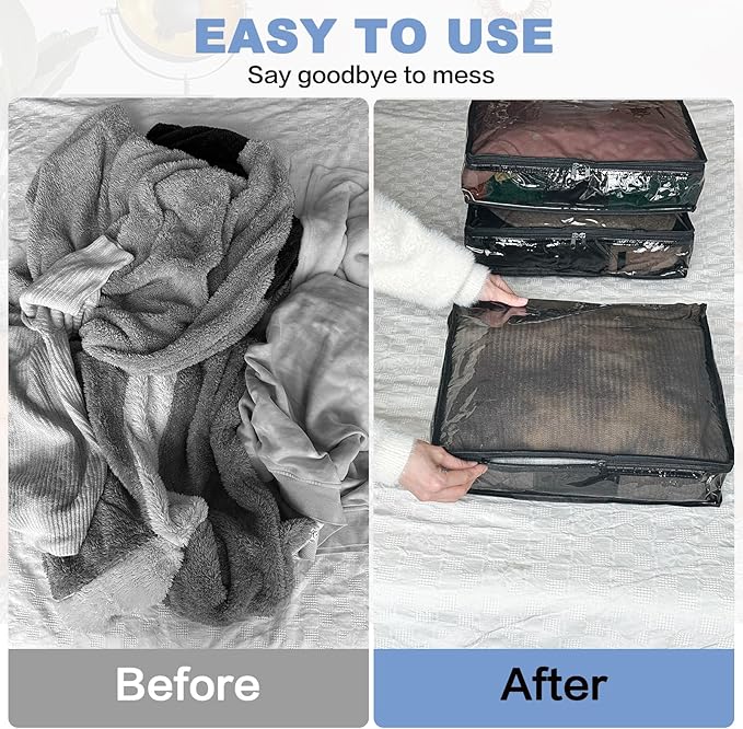 Clear Zippered Storage Bags Plastic Sweater Storage Bags with Zipper 6 Packs Clothing Organizer for Blankets Linen Sweater Bed Sheet Quilt Clothes Pillow (12 x 12 x 4 Inch, Black)