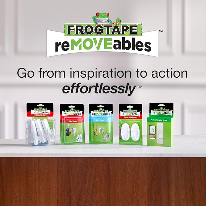 FrogTape reMOVEables Heavy Duty Wall Hooks - Holds up to 5 lbs - Includes 1 Hook and 2 Strips - No Damage - Easy to Remove & Reuse - Large Wall Hook with Adhesive Strips - White (Pack of 1)