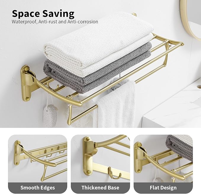 BESy 24 Inch Brushed Gold Towel Racks, Bathroom Towel Shelf with Foldable Towel Bar Holder and Towel Hooks, Wall Mounted Multifunctional Bathroom Accessories, Double Towel Bars