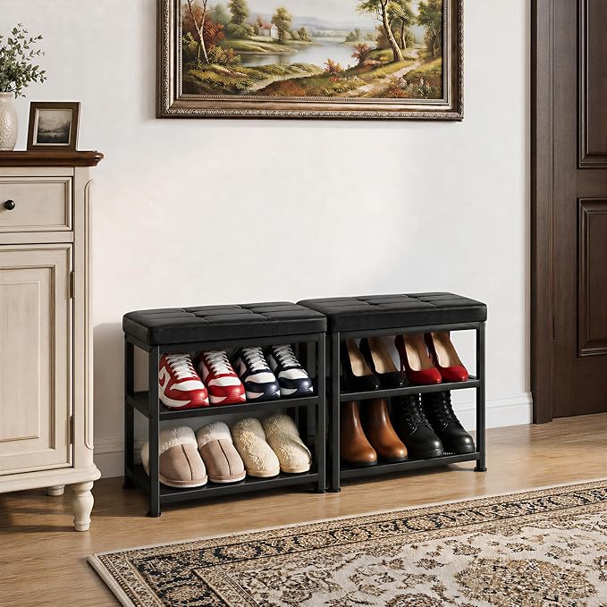 Small Shoe Storage Bench with PU Leather Seat Cushion, 3-Tier Freestanding Shoe Rack Organizer for Entryway, Heavy-Duty Metal Mesh Shelves, Supports Up to 300 lbs, Black (15.7"x11.4"x17.5")