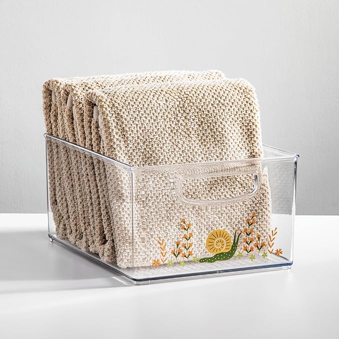 iDesign Bathroom Organizer Bin with Decorative Print - Stackable Plastic Storage Basket for Makeup & Vanity Organization - Clear