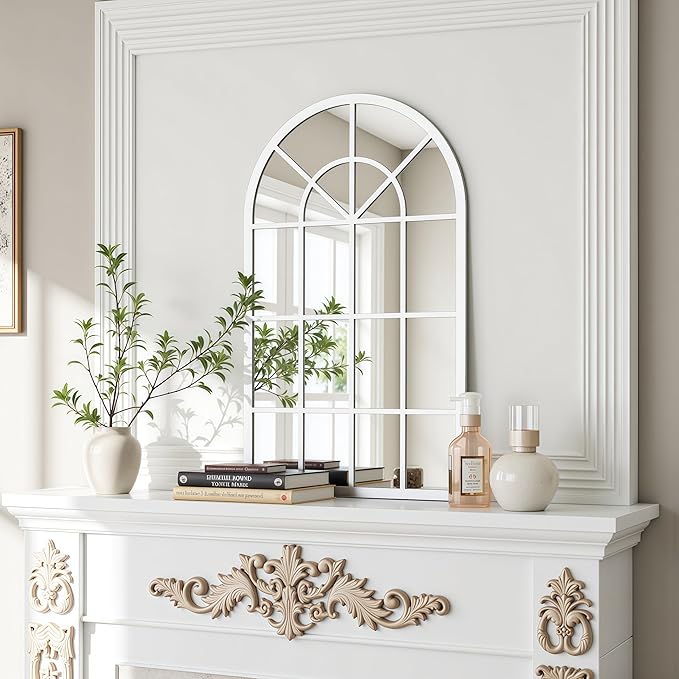 Arch Wall Mirror Mounted Decorative, 30"x42", Arched Window Pane Mirror for Wall-Mounted for Entryway, Bathroom Vanity, Living Room or Bedroom, Iron Frame, White