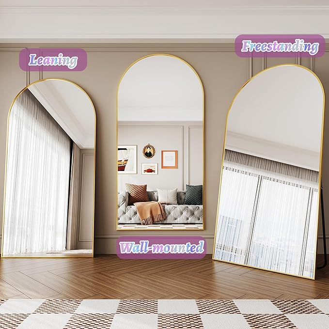 Full Length Mirror, 76"x34" Arched Floor Mirror Freestanding, Floor Standing Full Body Mirror with Stand for Bedroom, Hanging Mounted for Living Room Cloakroom, Gold