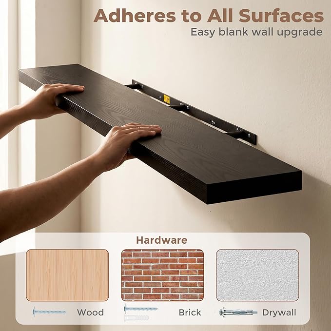 Venusmiles Floating Shelves for Wall, 36 Inch Floating Shelves Set of 2, 6.5" D Wooden Wall Mounted Display Shelves with Invisible Brackets for Living Room, Bedroom, Bathroom, Kitchen Decor, Black