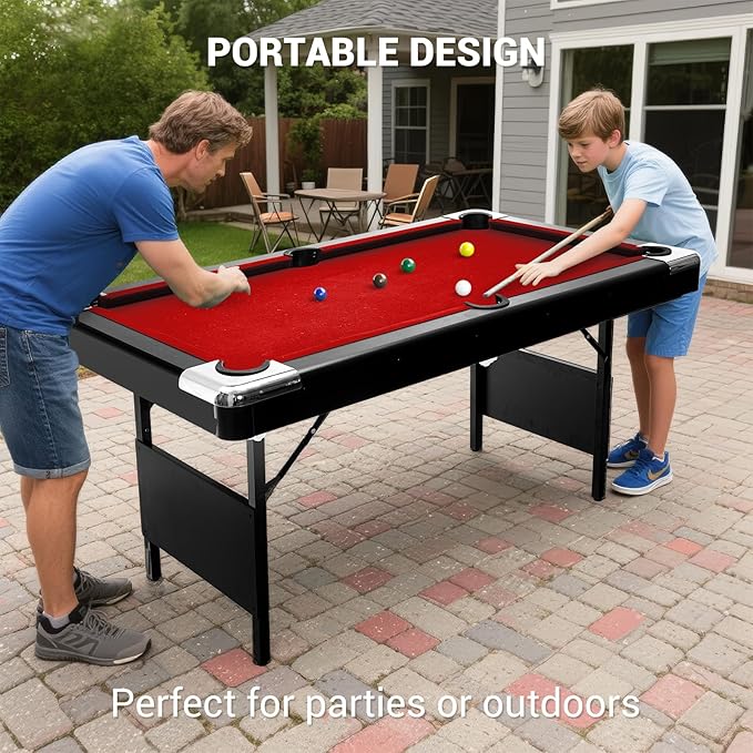 7 Foot Pool Table for Family, Foldable No Assembly Pool Table with Balls, Cues, Chalk, Rack & Brush, Portable Billiards Game Table for Apartment, Basement, Office & Game Room