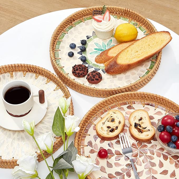 Kmelep Round Rattan Tray with Mother of Pearl Inlay, Rattan Serving Tray with Wooden Base, Decorative Wicker Basket for Table Decor, Storage and Display of Coffee Bread Food Fruit (Bohemia)