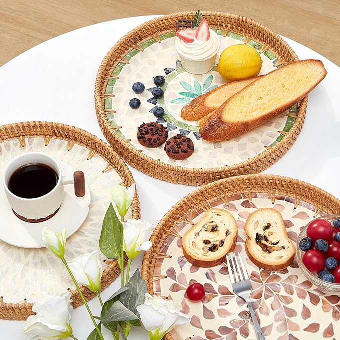 Kmelep Round Rattan Tray with Mother of Pearl Inlay, Rattan Serving Tray with Wooden Base, Decorative Wicker Basket for Table Decor, Storage and Display of Coffee Bread Food Fruit (Wicker)
