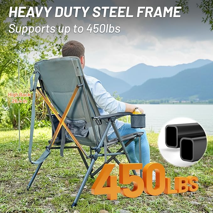 Timber Ridge Oversized Camping Chair with Lumbar Support, Portable Folding Chair Heavy Duty for Adults Supports 450 LBS for Outdoor Camping Lawn, with High Back, Cup Holder, Side Pocket, Grey