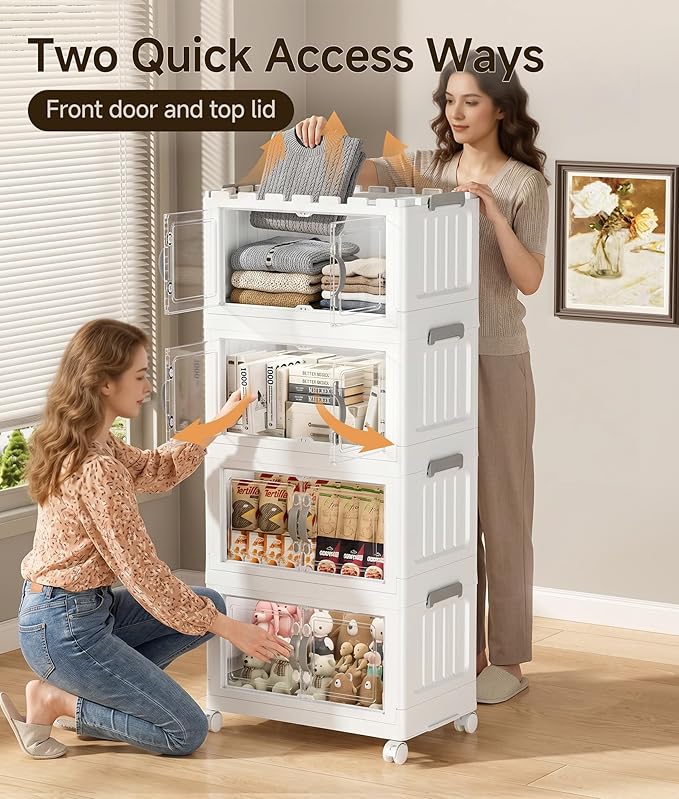 Hanyi 304 QT Stackable Storage Bins with Lids, 4 Tier Collapsible Plastic Storage Cabinet with Magnetic Doors, Removable Top Lid, Locking Wheels, Closet Organizer for Bedroom, Pantry, Office