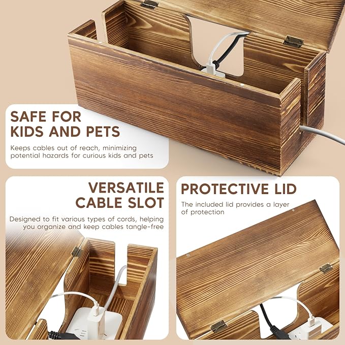 Large Cable Management Box - Burnt Wood Cable Organizer Box and Floor Cord Covers for Electrical Cord Management - Hide Desk Cord and Floor Cables - Wire Storage and Organization for Cords