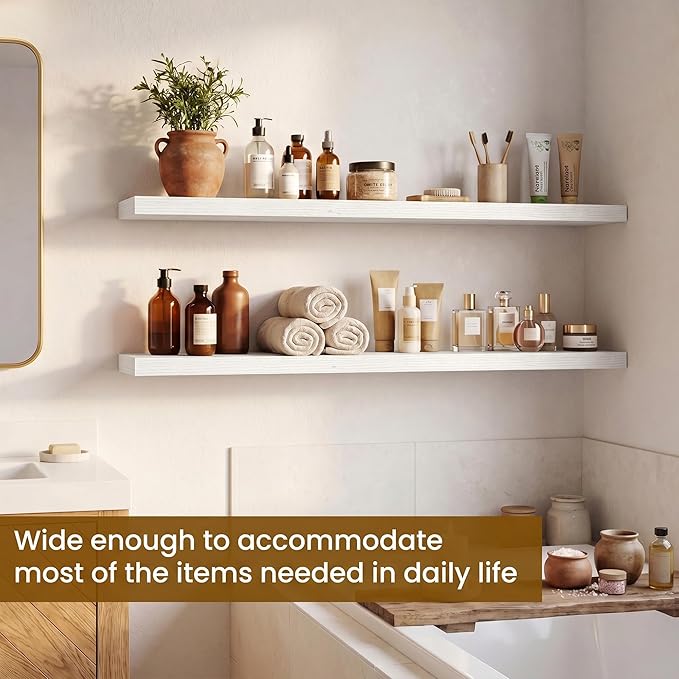 Dreamland Floating Shelves for Wall, Rustic White Floating Shelves for Bathroom|Bedroom|Kitchen, Deep Wall Mounted Book Shelf, Wood Storage Display Shelf for Home Decor, Set of 2