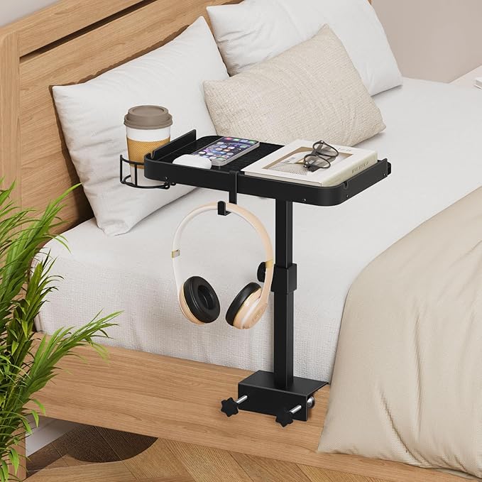 Snughome Clamp On Bedside Shelf for Bunk Bed - Adjustable Height Bedside Table Tray with Cup Holder & Cable Holes, Sturdy Nightstand Organizer Top Bunk Bed Accessories for College Dorm Apartment