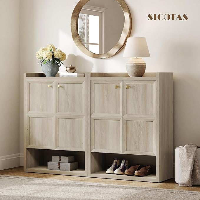 SICOTAS Shoe Cabinet Storage for Entryway - 24-Pair Shoe Cabinets with Doors and Adjustable Shelves, Farmhouse 33.9" Wide 7-Tier Shoes Storage Cabinet for Mudroom Closet Hallway, Grey White Oak
