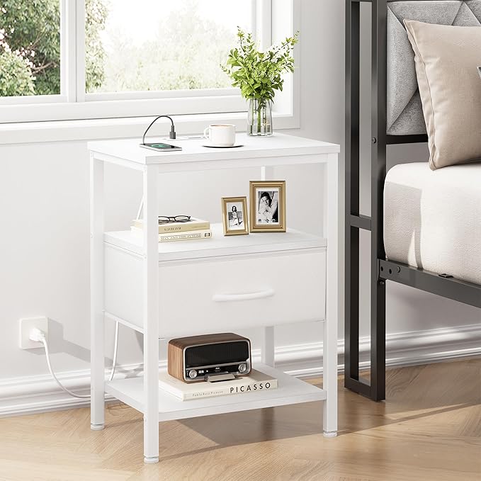 DUMOS Bedside Table with Charging Station and an Adjustable Fabric Drawer, and it is a Compact Nightstand, as Well as a 3-Tier Storage Organizer and an End Table for Bedroom, White