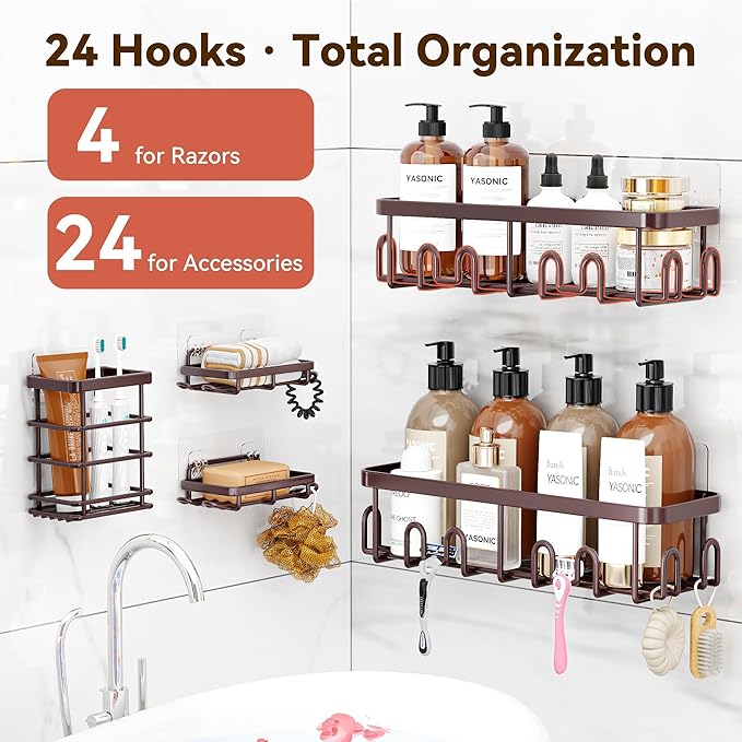 YASONIC Shower Caddy Adhesive 5-Pack, Rustproof Shower Organizer with Holder, No Drilling Shower Shelves for Inside Shower, Large Capacity Bathroom Organizers and Storage for Home & Renters, Bronze
