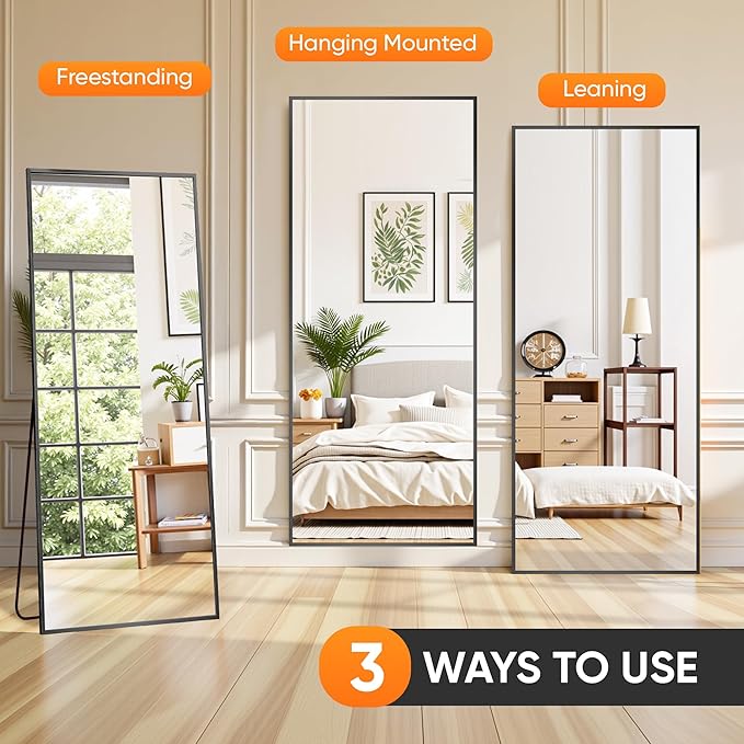 Suidia Full Length Mirror, 56"x14" Floor Standing Mirror Freestanding, Full Body Mirrors with Stand for Bedroom, Hanging Mounted for Living Room Cloakroom, Black, Rectangular Style