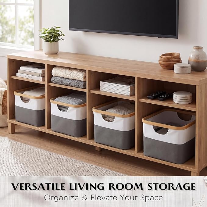 Hushee 4 Pack Bamboo Fabric Storage Bins for Shelves, 15"x10"x7.9" Collapsible Storage Baskets for Organizing, Two-Tone Foldable Bins for Clothes, Towels, Linens(White with Grey)