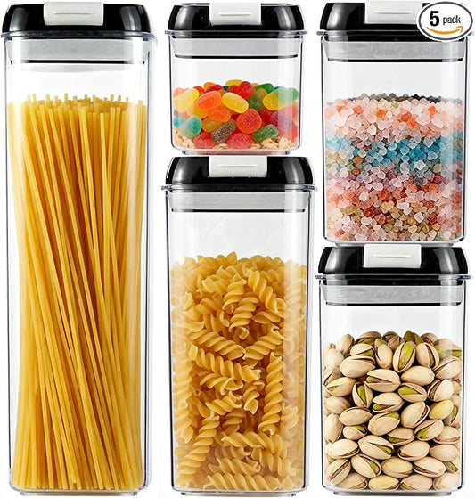 5-Piece Airtight Food Storage Containers Set with Lids, BPA-Free Plastic Kitchen & Pantry Organization Canisters for Cereal, Pasta, Snacks, Flour, Sugar & Dry Foods