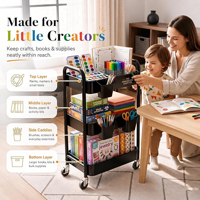 3 Tier Rolling Cart Metal with Wheels, Black Three Tiered Art Cart Organizer on Wheels, Storage Utility Trolley Carts for Kithcen, Craft, Nail, Lash, Makeup, Salon,Bedside, Bathroom, Office, Snack