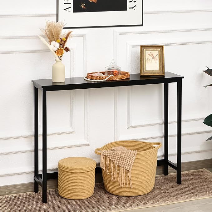 Bamboo Narrow Console Table, 39.4"(L) Wood Small Entryway Table, Accent Slim Hallway Tables, Thin Sofa Side Tables for Hallway, Living Room, Bedroom, Foyer, Black