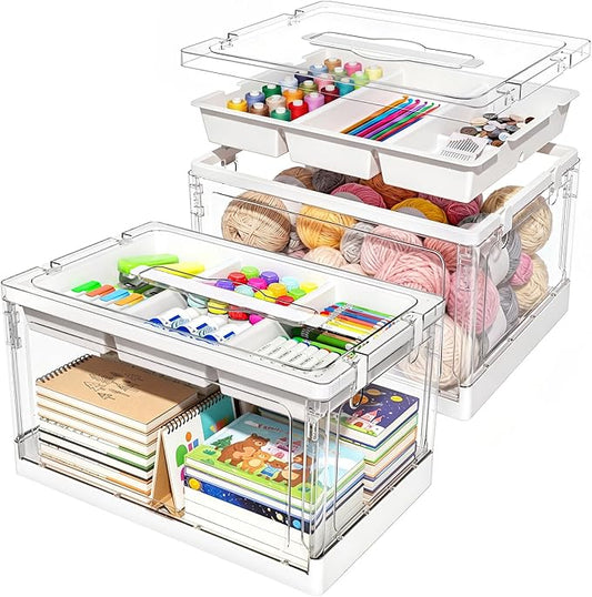 24QT Clear Plastic Craft Organizer with Removable Tray Craft and Dividers, Storage Box Clear Storage Container for Organizing Bead, Art Supplies, Coloring Books, Sewing, Playdoh, 1 Pack