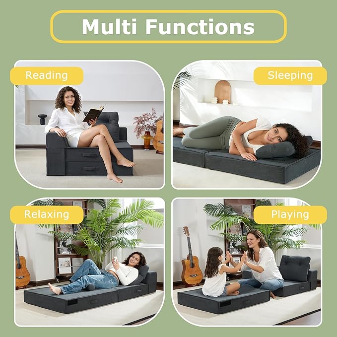 Folding Sofa Bed, 4 in 1 Convertible Sleeper Chair with Pillow, Standard Memory Foam Fold Out Chair Bed, Modern Floor Futon Sofa Couch Mattress for Living Room/Guest/Apartment, Black Grey