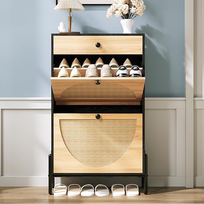 IRONCK Shoe Cabinet with 2 Flip Drawers, Shoe Storage Cabinet for Entryway, Free Standing Shoe Storage Organizer with Rattan Doors Slim Narrow Shoe Rack Cabinet, Black
