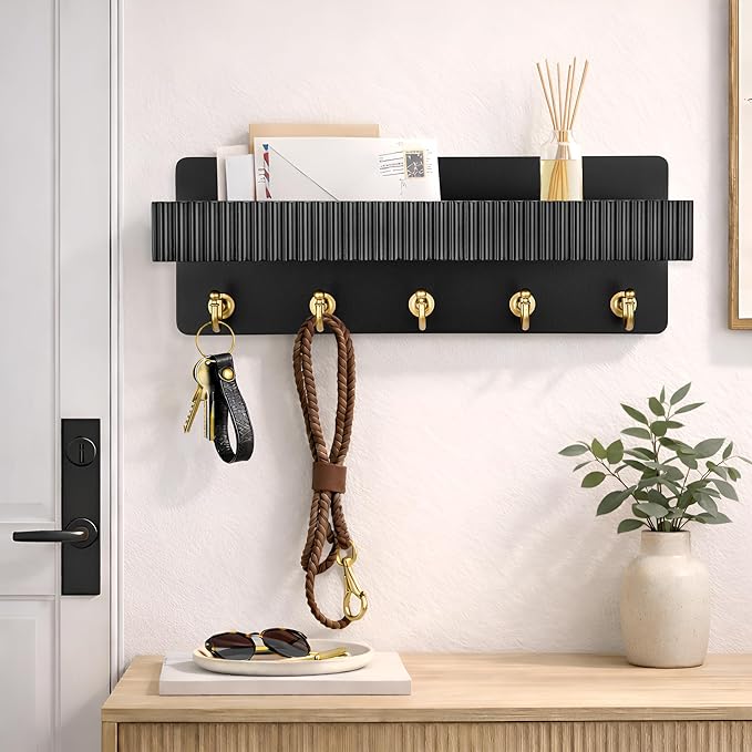 Key Holder Wall Mount, 14" Wooden Entryway Key and Mail Organizer with 5 Metal Hooks, Decorative Key Hanger Rack for Bag, Coat, and Dog Leash, Black