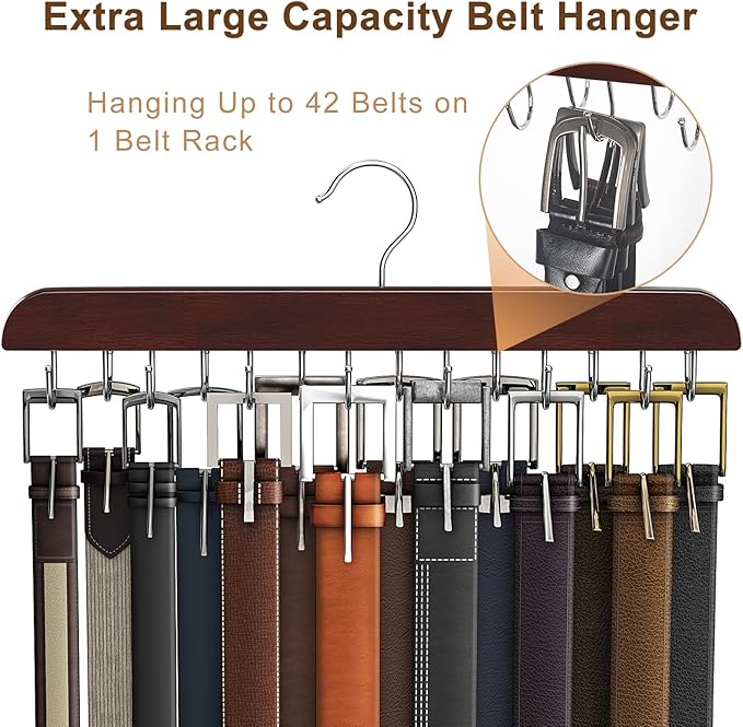 Belt Hanger for Closet Max 42 Belts, Sturdy Wood Belt Rack Closet Accessories with 14 Hooks Belt Organizer for Closet Organizers and Storage -Black 1 Pack