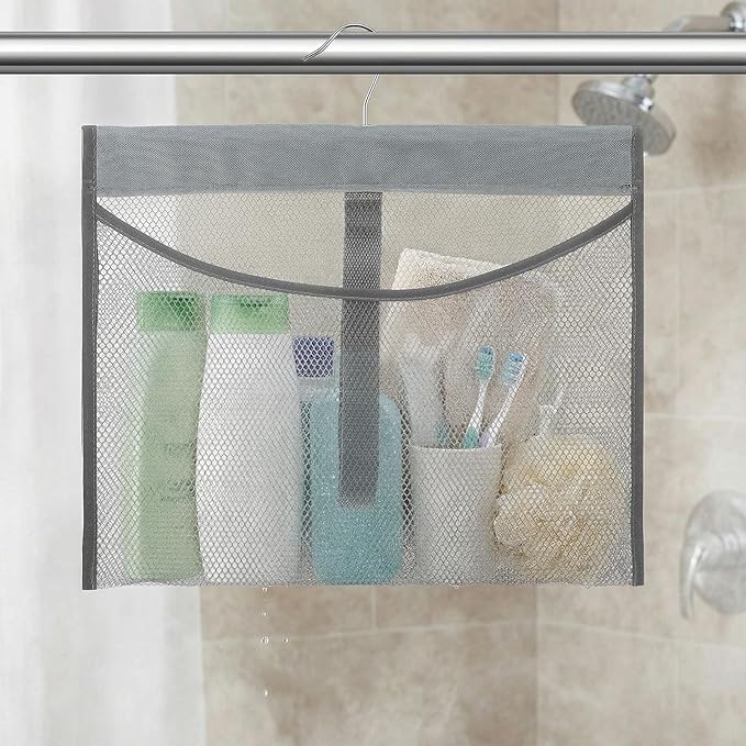 Mesh Shower Caddy Portable Shower Bag with Rotatable Hanger Quick Dry Hanging Toiletry Organizer Mesh Bath Toy Holder for Travel Gym Bathroom Dorm Essentials (Gray)
