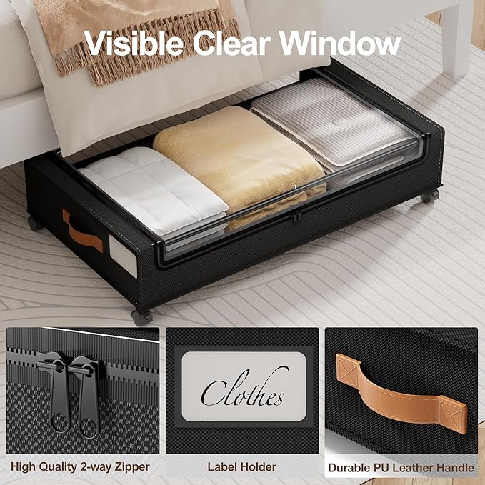 LAMU Under Bed Storage with Wheels, 2 Pack Under Bed Storage Containers with Clear Lid, XXL 60 L Underbed Storage Bins, Rolling Under Bed Metal Drawers for Clothes, Blankets, Shoes, Black