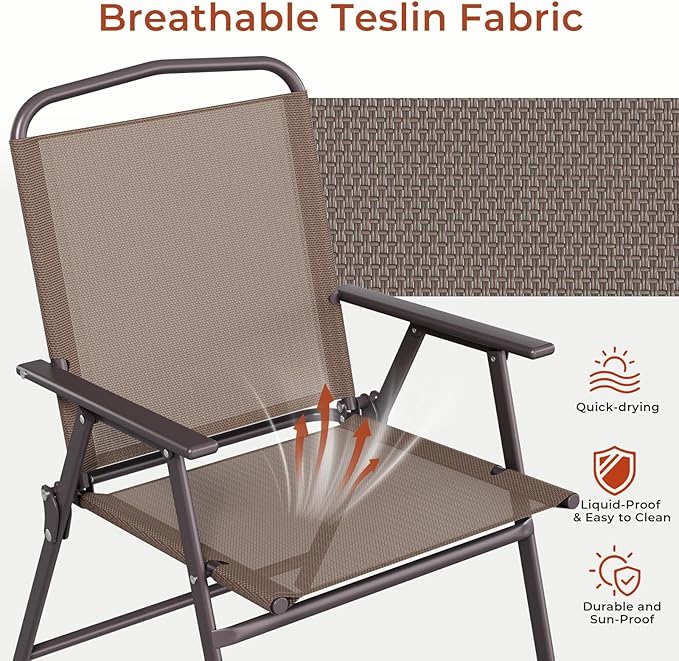 TLSUNNY Patio Folding Chairs Set of 2, Portable Dining Lawn Chairs, Outdoor Folded Furniture W/Breathable Textilene & Steel Frame, Armrests & Crossbar, All Weather for Pool, Camping (2, Brown)