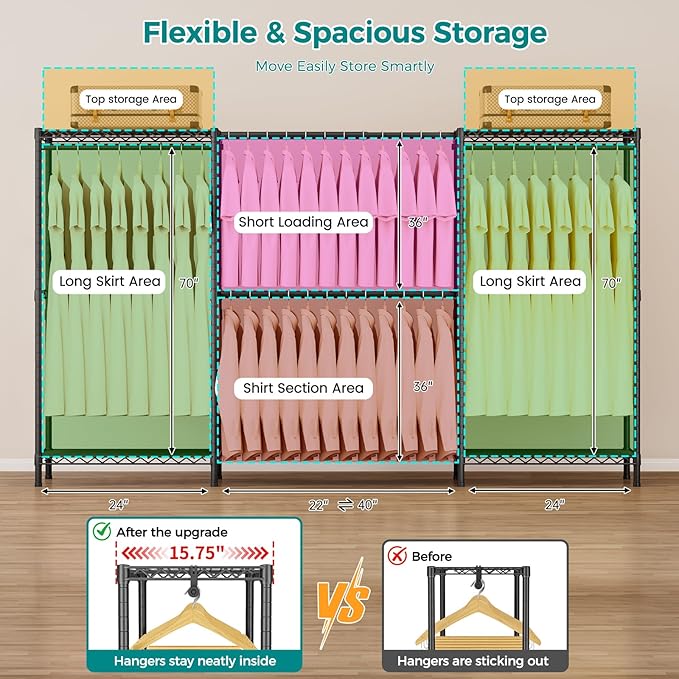 SINGAYE Clothes Rack Portable Closet Coat Wardrobe Heavy Duty Clothing Racks System Organizers and Storage for Hanging Clothes Garment Rack Adjustable with Shelves Black