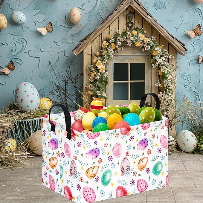 Rectangular Easter Basket Storage Bin for Shelves Cute Gifts Baskets Foldable Box with Handles for Boy and Girl Home Office Car Dormroom Easter Party Supplies