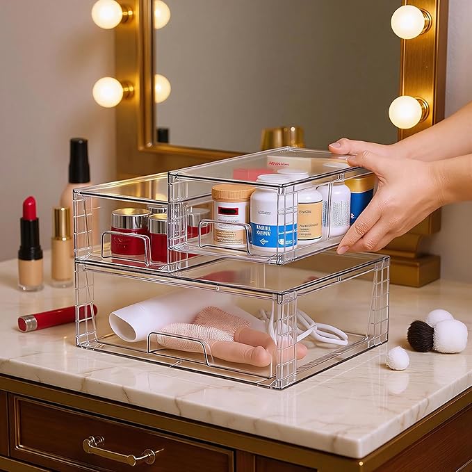 Stackable Storage Drawers(5 Pack),High-strength Clear Plastic Multi-purpose Organizer Bins with Handles, Easily Assemble Acrylic Drawers for Bathroom Closet Cabinet Pantry Under Sink