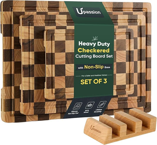 3 Pack Checkered Wood Cutting Board Set Cutting Boards for Kitchen Non Slip Acacia Wood Chopping Board with Juice Grooves & Handles Wooden Chopping Board Butcher Block End Grain
