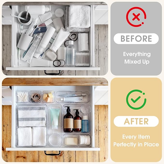 Aneco 25 Pieces Extendable Clear Drawer Organizer Adjustable Vanity Storage Box 4-Size Desk Drawer Divider Acrylic Storage Bins for Makeup, Cosmetic, Jewelries, Bedroom Kitchen Utensils Gadgets