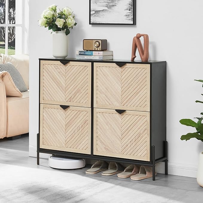Shoe Cabinet Storage with 4 Flip Drawers, Narrow Hidden Shoes Organizer Cabinet for Entryway, Freestanding Slim Shoe Rack Front Door Entrance(Oak&Black)