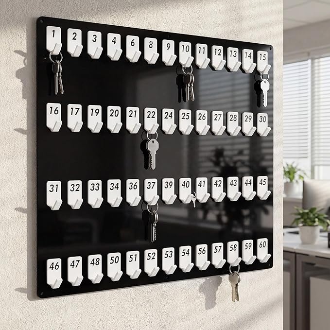 Beeveer Acrylic Key Board with 60 No. Hooks Wall Mount Key Rack Holder Hanger Storage for Real Estate Offices Rentals Car Dealer Valet Parking Small Businesses (Black)