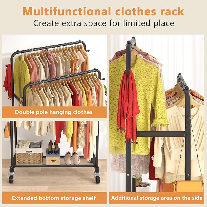 Laiensia Double Rods Garment Rack with Wheels, Clothing Rack for Hanging Clothes,4 Hooks, Multi-functional Bedroom Clothes Rack, Black