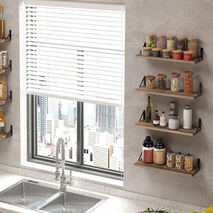 Fixwal Shelves for Room Wall, Width 4.75in Rustic Wood Wall Storage, Floating Shelves for Bedroom, Living Room, Kitchen, Bathroom, Office Decor and Plants Display (Set of 8 Carbonized Black)