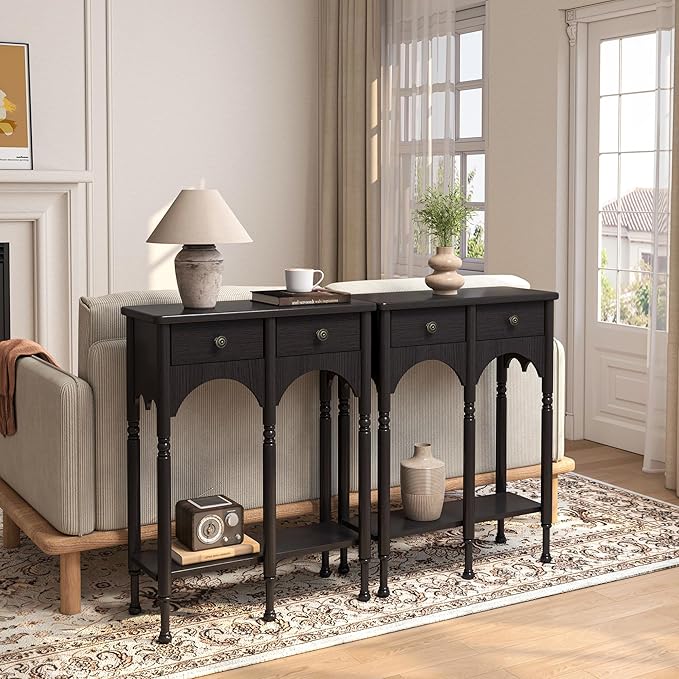 Console Table with 2 Drawers & Shelf, 28" Mid-Century Modern Entryway Table, Retro 2-Tier Sofa Table, Wooden Accent Table for Living Room, Hallway, Black