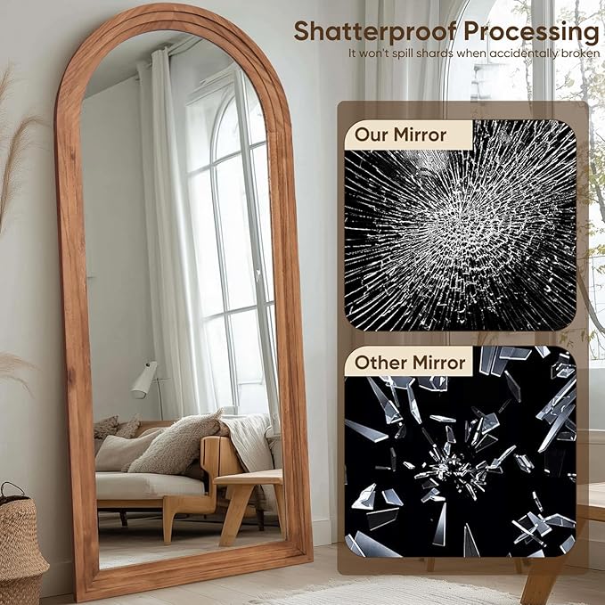Full Length Mirror, 71"x32" Wooden Mirror Full Length with Stand Wood Floor Mirror, Oversized Stand Up Mirrors Large Wall Mirrors, Wall Mounted Mirrors, Arched Wood Style, Brown