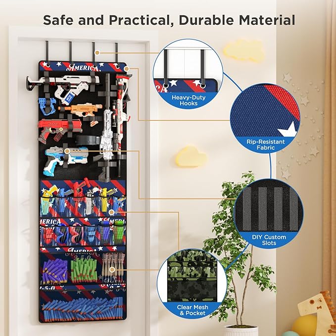 Over the Door Organizer for Toy Guns, Toys Storage Door Hanger with Pockets and Slots for Kids Foam Blasters, Darts, Goggles, Over Door Toys Storage Organizer, for Kids Rooms, Game Rooms, Blue Red