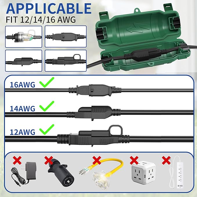 6 Pack Outdoor Extension Cord Safety Cover with Waterproof Seal IP54 Water-Resistant, Weatherproof Electrical Connection Box with 2 Latches, Plug, Socket, Holiday Decoration Light,Green
