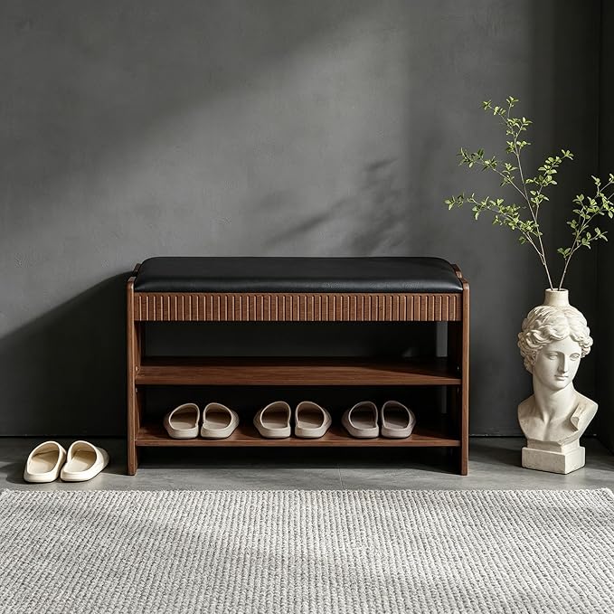 Shoe Bench with Cushion, Solid Wood 2 Tier Adjustable Storage Shoe Bench Rack for Entryway, Bedroom, Closet, Living Room, Hallway