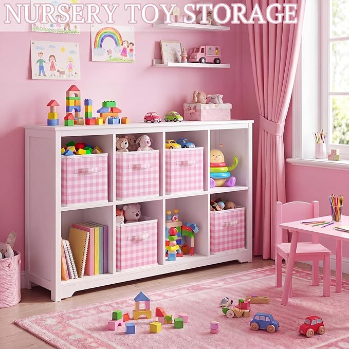Yalikop 6 Pcs Pink Checkered Cube Storage Bins, 11 Inch Fabric Gingham Classroom Storage Bins Organizer with Handle Preppy Collapsible Cubby Basket for Classroom Home Nursery Playroom Bedroom