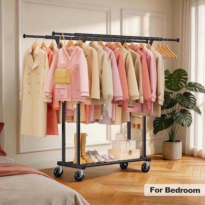 Heavy Duty Clothes Rack - Load 620 LBS, Rolling Clothing Rack for Hanging Clothes with Lockable Wheels & Shelves, Extendable Double Rod Garment Rack for Bedroom, Laundry, Living Room (Black)