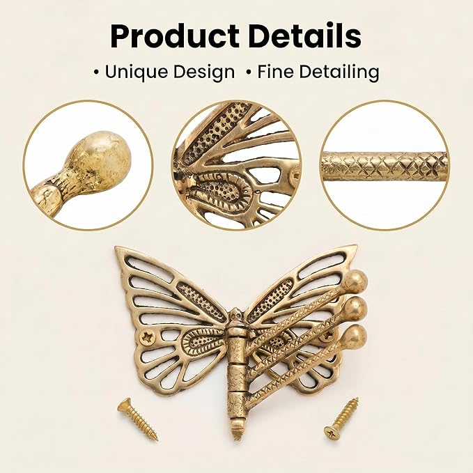 Indian Shelf 33Lb. Brass Butterfly Foldable Coat Hooks Heavy Duty, Swivel Tri Arm Decorative Wall Hooks Gold Key Holder, 3 Prong Vintage Gold Coat Rack Wall Mount, Folding Hat Rack